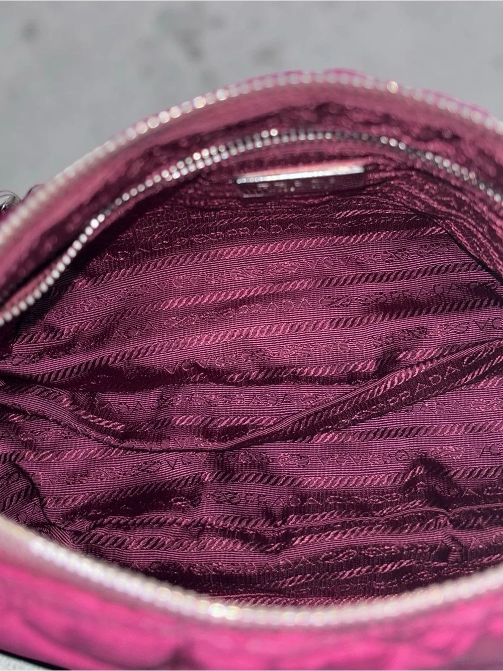Prada Quilted Nylon Chain Shoulder Bag Burgundy Fuchsia Silver Hardware